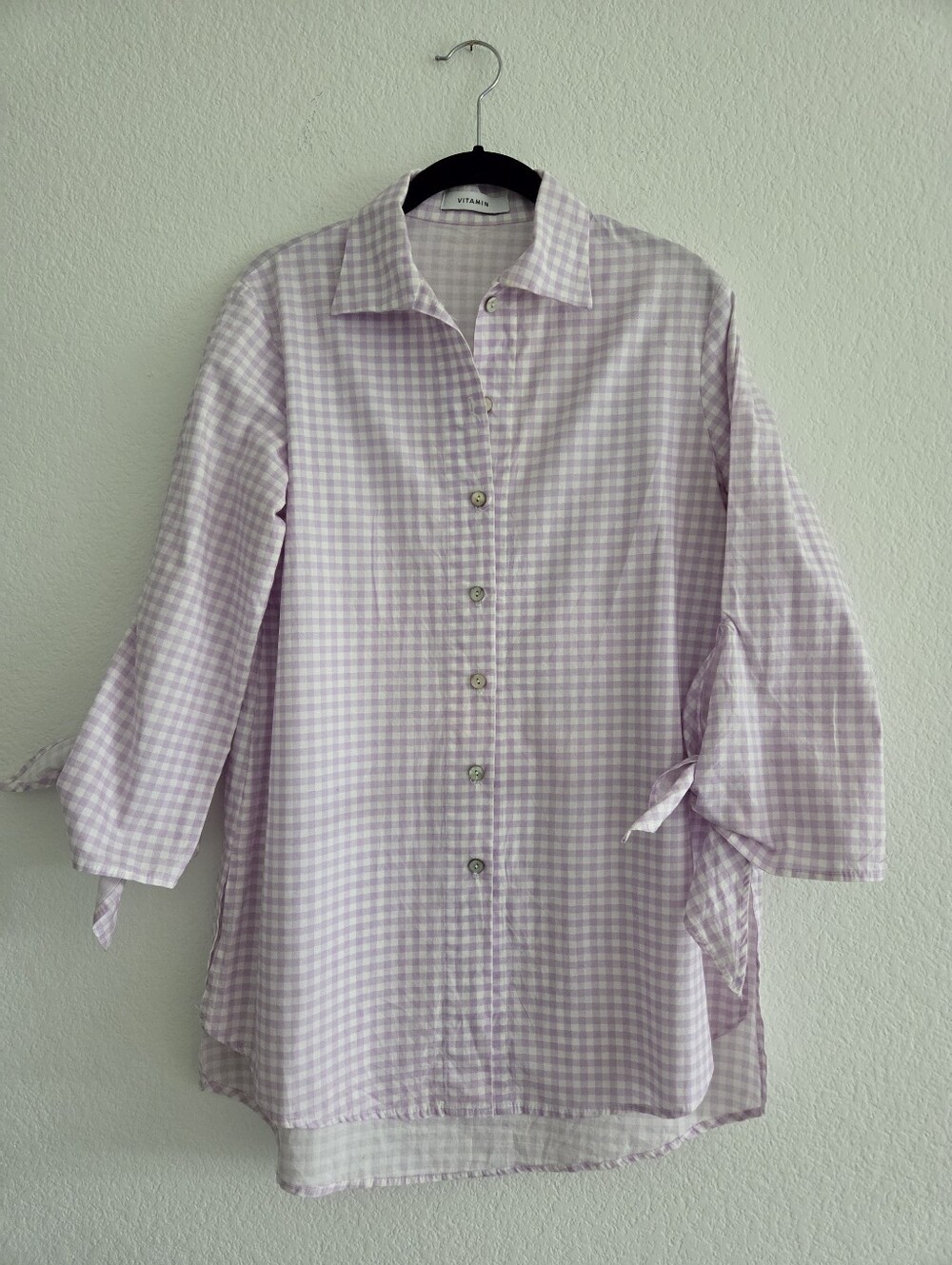 Vitamin 100% Cotton Women Gingham Button Shirt Tie Sleeves Small Purple White‎